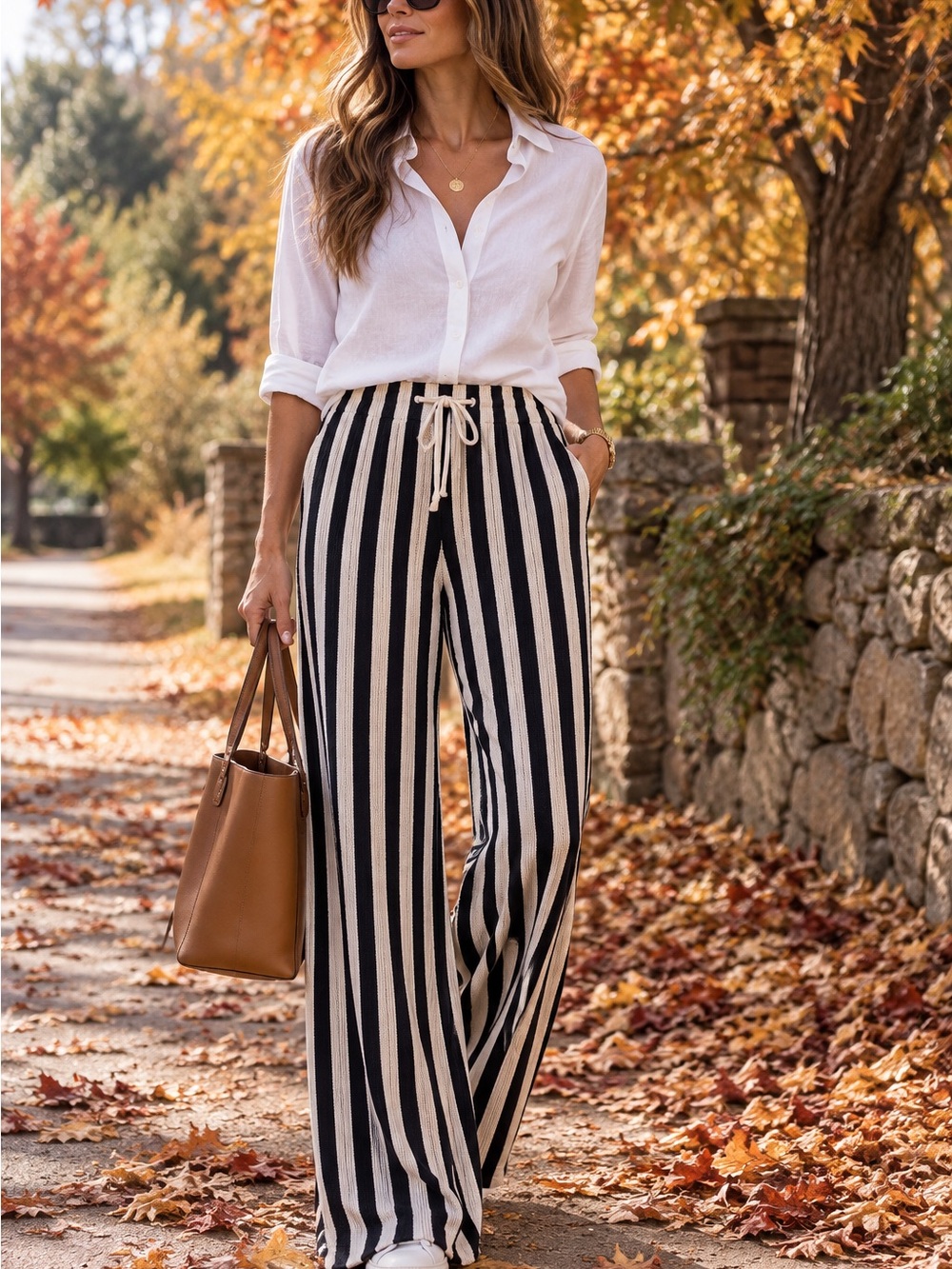bebe Black & Cream Vertical Stripe Wide-Leg Drawstring Pants